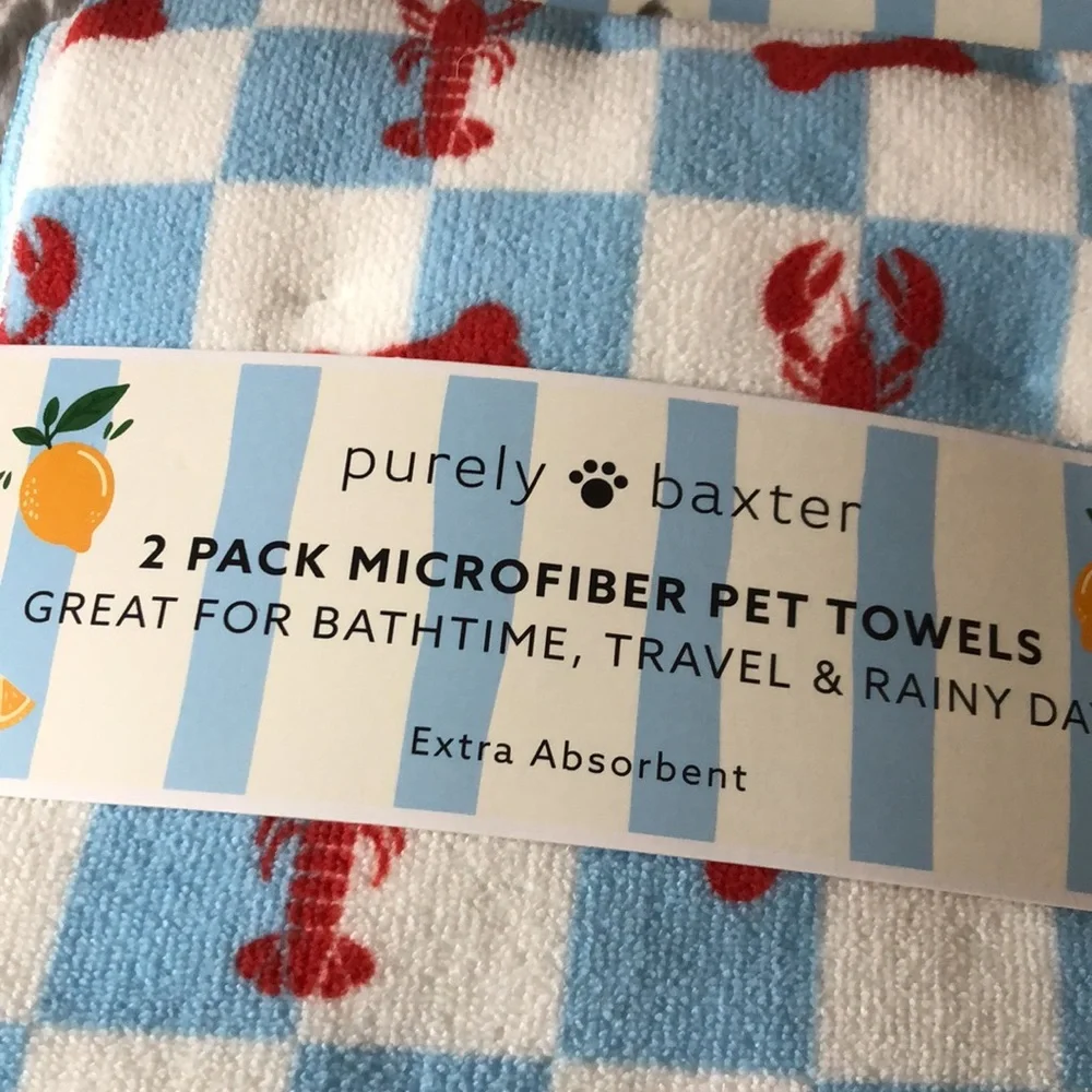 Purely Baxter Blue & White Check Microfiber Pet Towels with Red Lobster Print